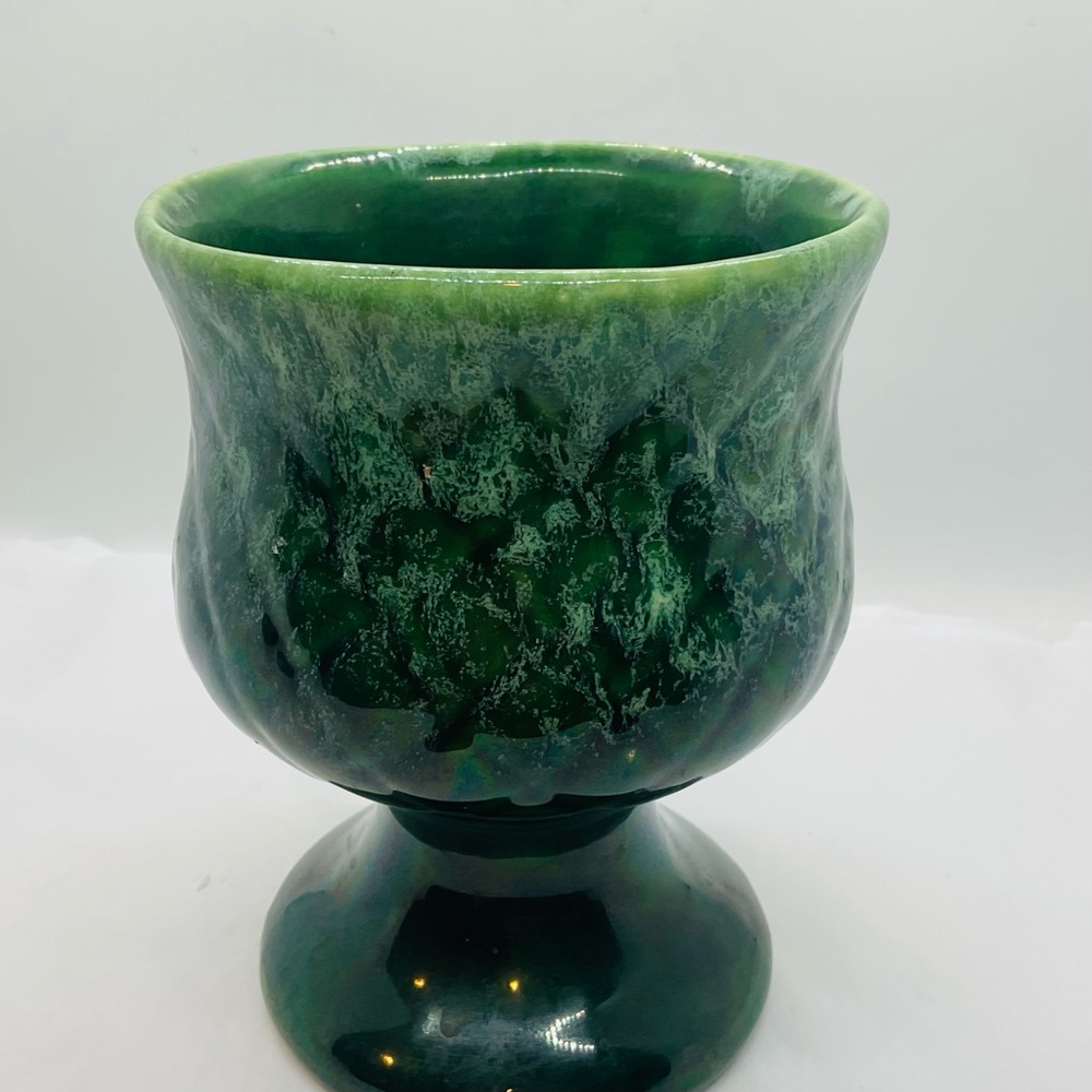 Vintage Green Glazed Pottery Pedestal Planter Vase Diamond Design 6 Inch Tall